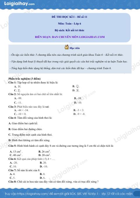 Đề thi học kì 1 Toán 6 - Đề số 11 - Kết nối tri thức